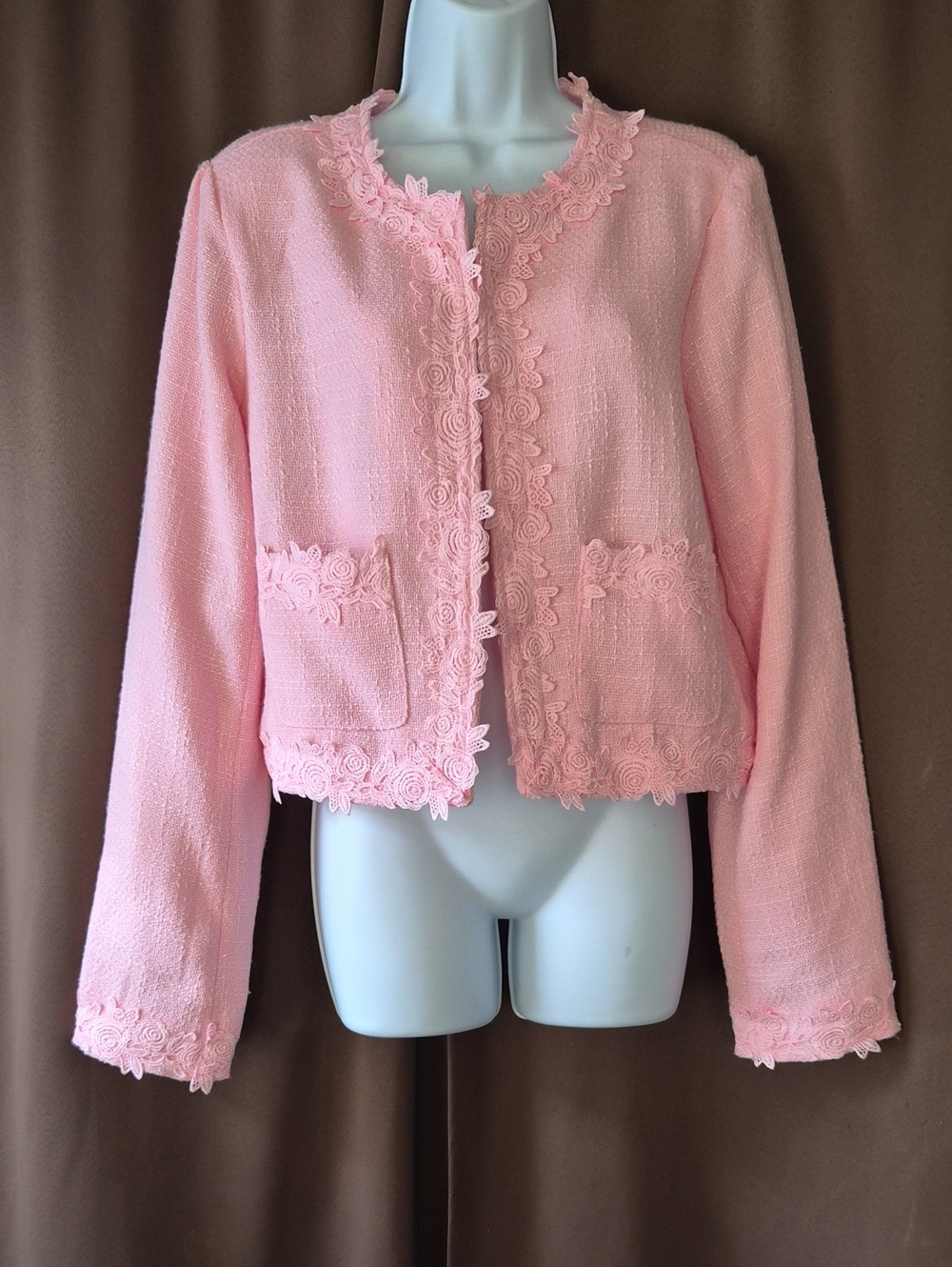 Grannycore Pink Floral Lace Trim Cropped Cardigan Size L Tweed